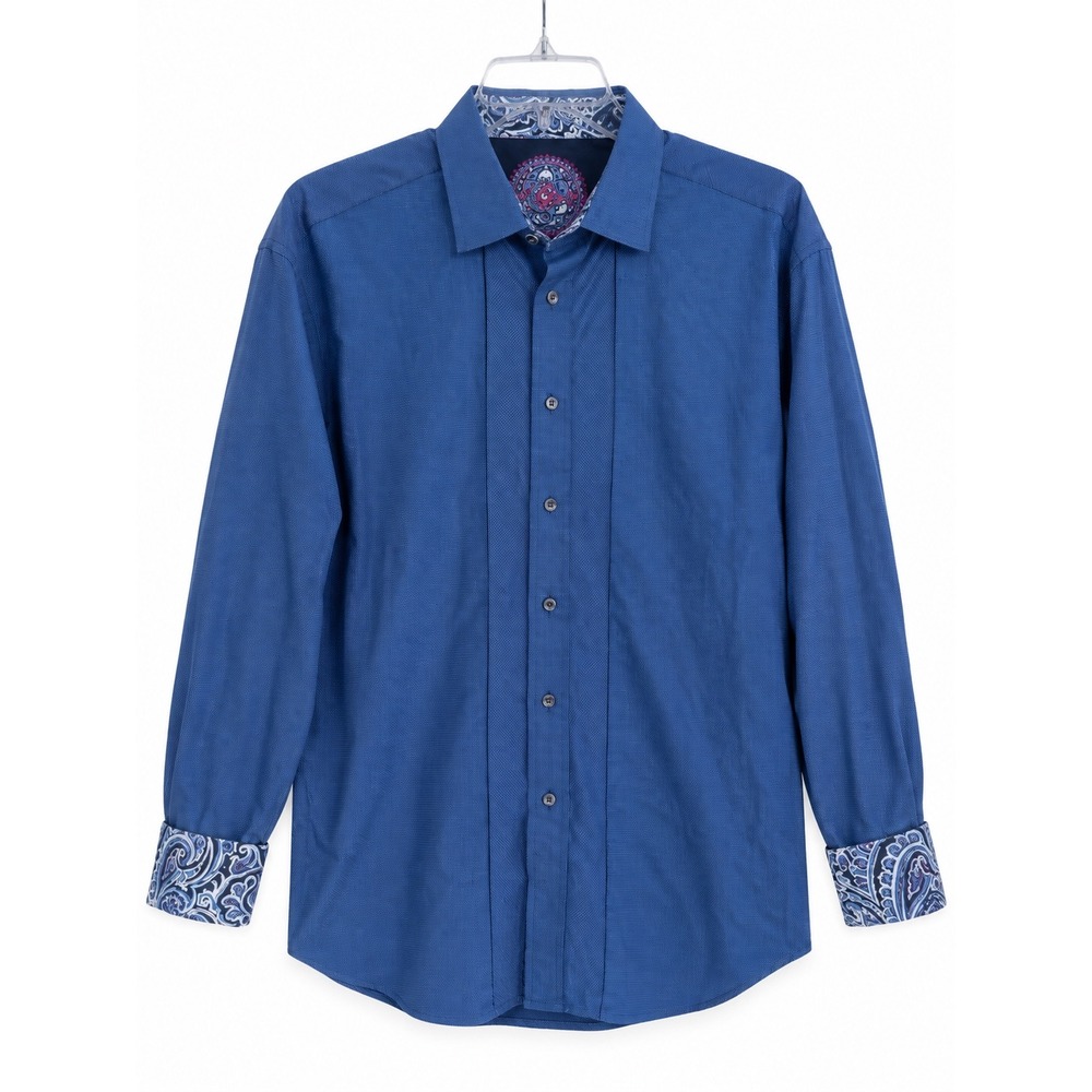 Robert Graham Mens 2XL Blue Micro Check Paisley Trim Long Sleeve Button Up Shirt